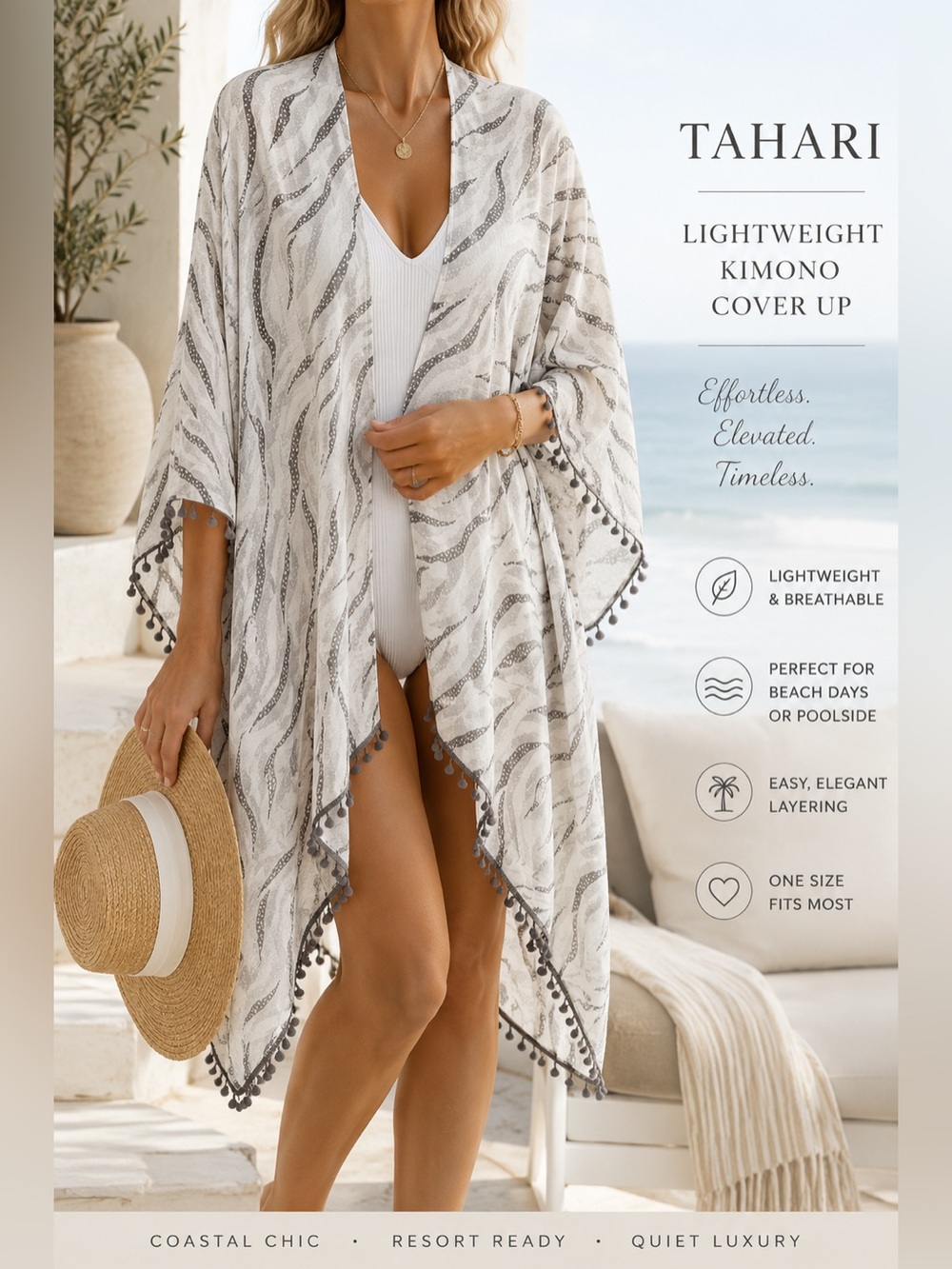 Tahari Gray White Abstract Kimono Cover Up Pom Trim Lightweight Resort Wrap OSFM